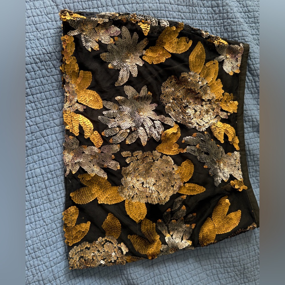 Black Sequin Floral Mini Skirt — Gold & Silver Embellishment